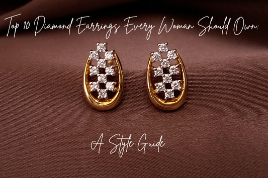 A pair of diamond studded earrings against a brown background with the title "Top 10 Diamond Earrings Every Woman Should Own: A Style Guide"