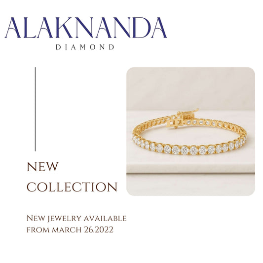 Luxury Diamond Tennis Bracelet in Yellow Gold Elegant Round Brilliant Diamonds Classic Jewelry Design from Alaknanda Diamond New Collection Showcase