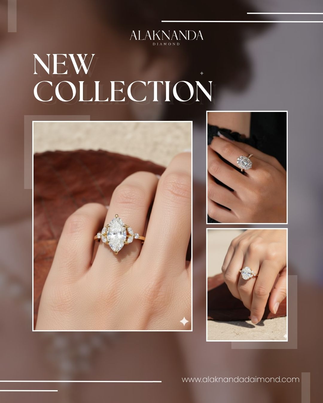 Alaknanda Diamond New Collection Featuring Elegant Marquise and Round Cut Engagement Rings in Gold Timeless Luxury Sparkle Modern Bridal Jewelry
