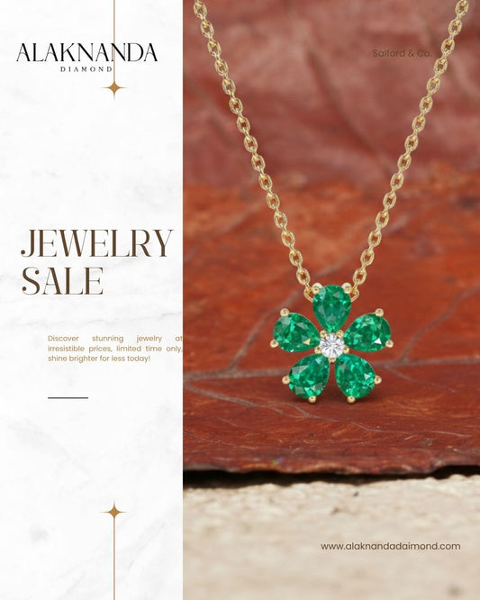 Alaknanda Diamond Jewelry Sale Featuring Elegant Gold Necklace with Emerald Flower Design and Brilliant Sparkle at Irresistible Limited Time Prices