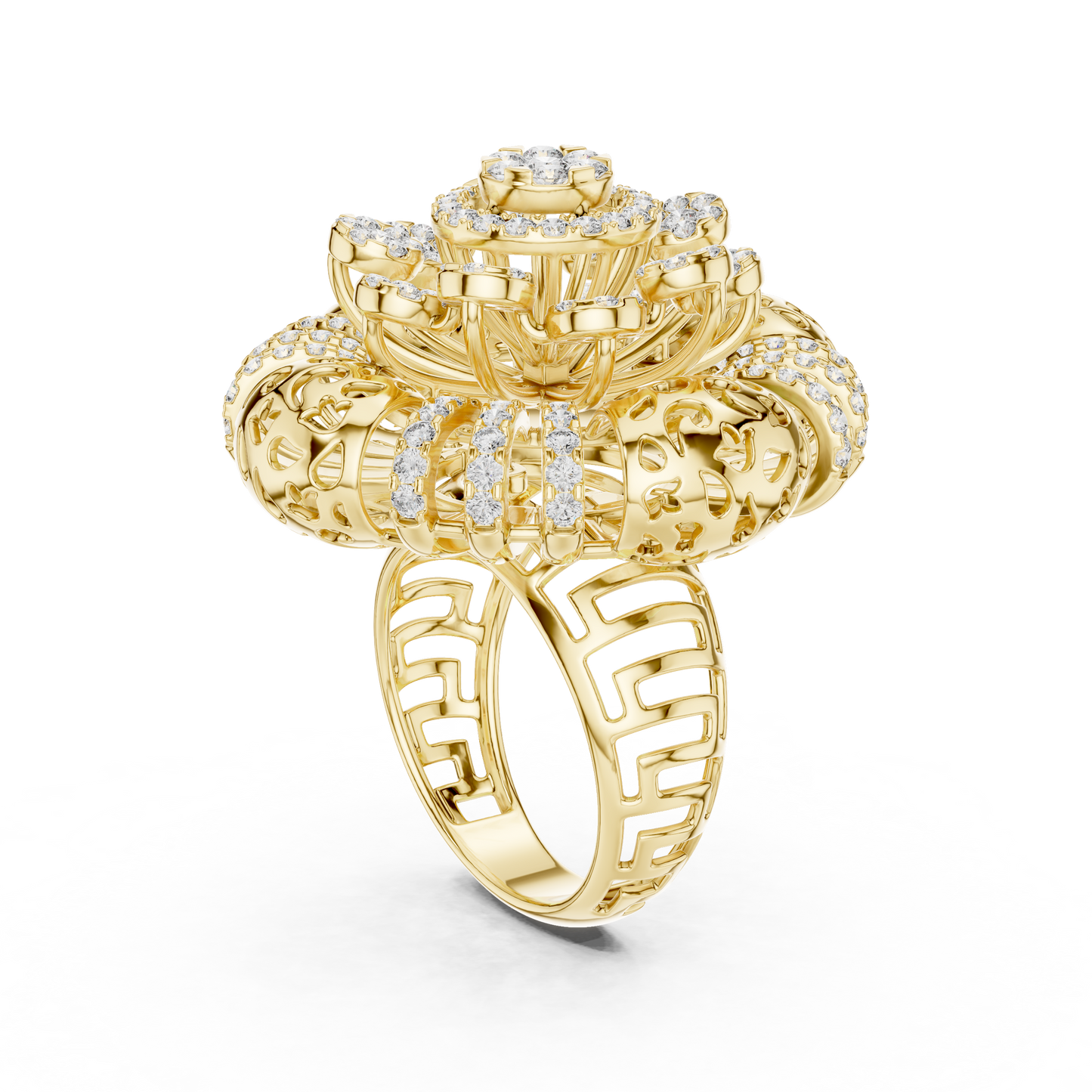 Yellow Gold Round Lab Grown Diamond Floral Medallion Ring