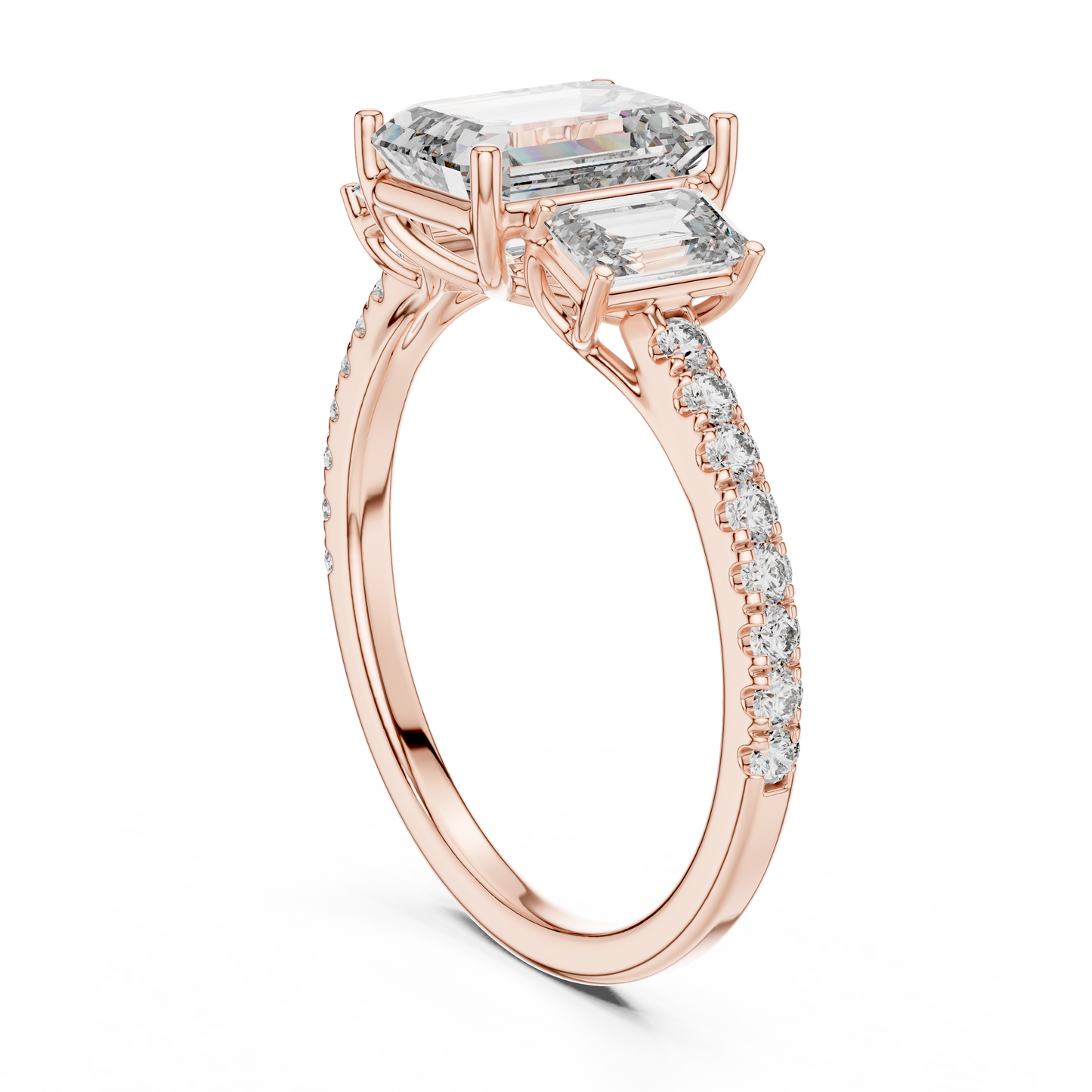 Three Stone Emerald Cut Lab Grown Diamond Rose Gold Ring