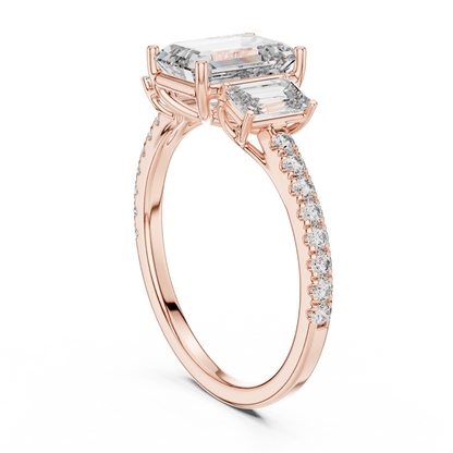 Three Stone Emerald Cut Lab Grown Diamond Rose Gold Ring