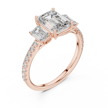 Three Stone Emerald Cut Lab Grown Diamond Rose Gold Ring