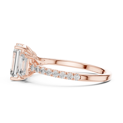 Three Stone Emerald Cut Lab Grown Diamond Rose Gold Ring