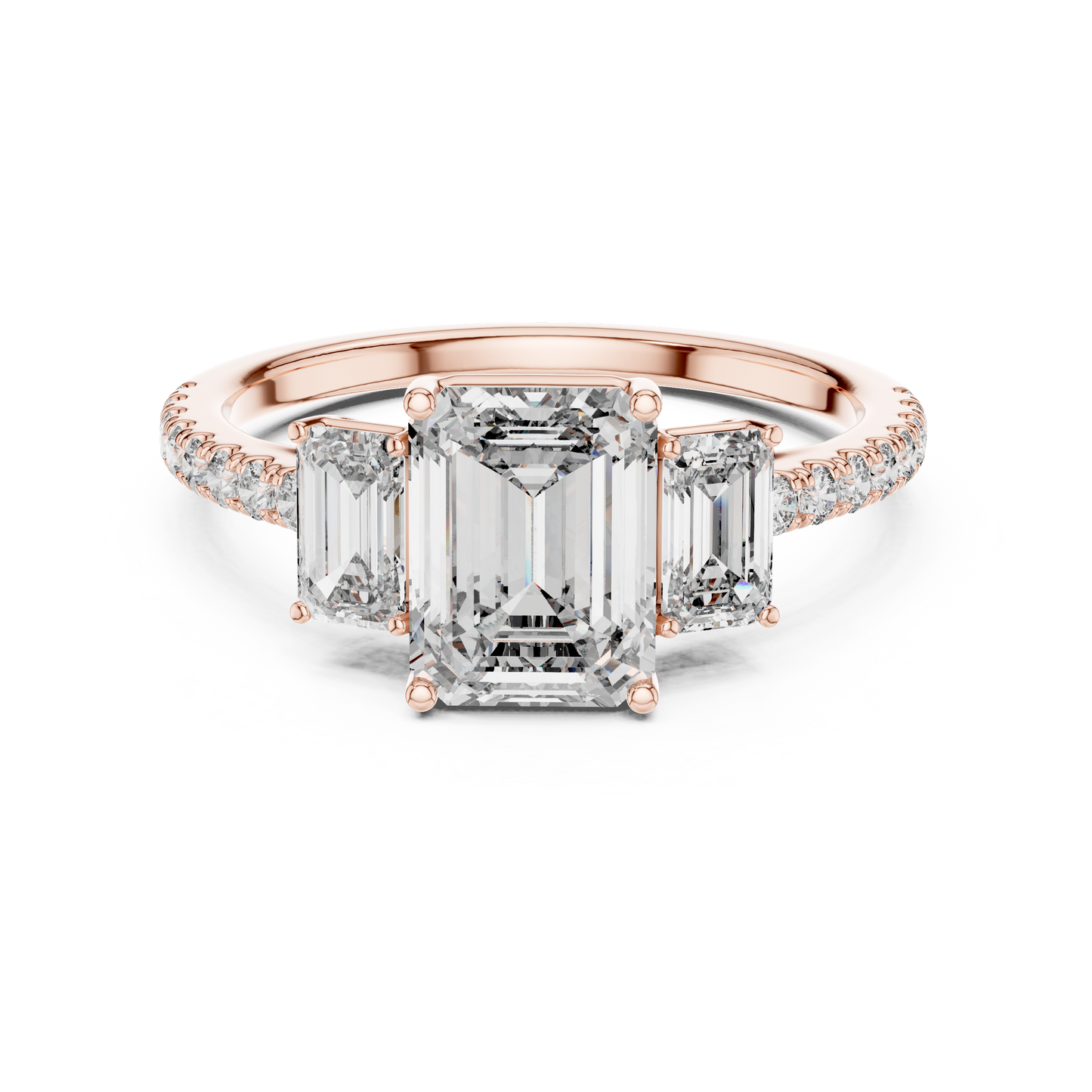 Three Stone Emerald Cut Lab Grown Diamond Rose Gold Ring