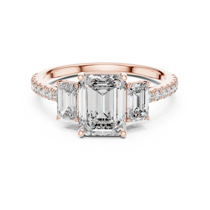 Three Stone Emerald Cut Lab Grown Diamond Rose Gold Ring
