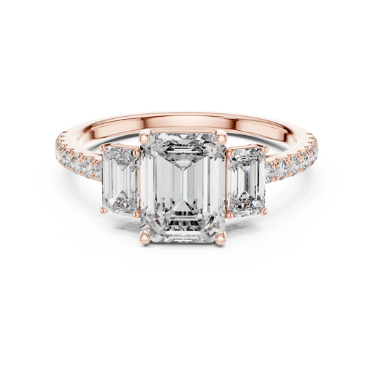 Three Stone Emerald Cut Lab Grown Diamond Rose Gold Ring
