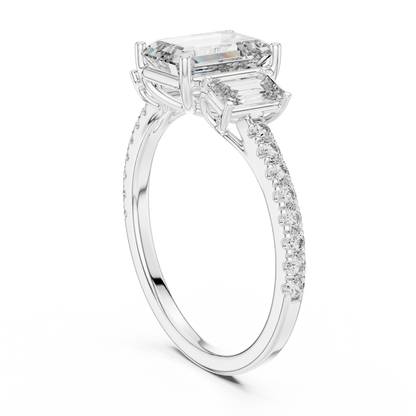 Three Stone Emerald Cut Lab Grown Diamond Rose Gold Ring