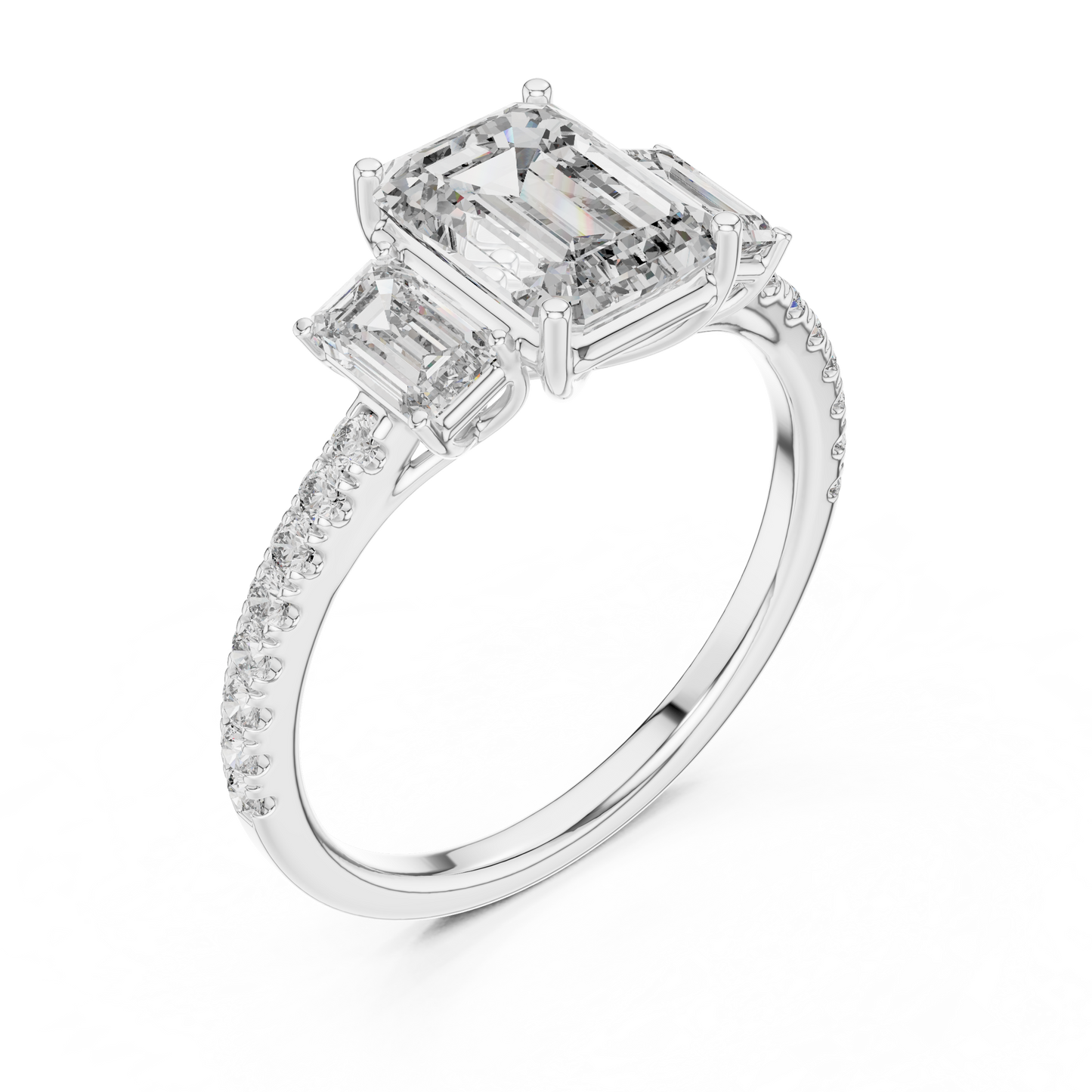 Three Stone Emerald Cut Lab Grown Diamond Rose Gold Ring