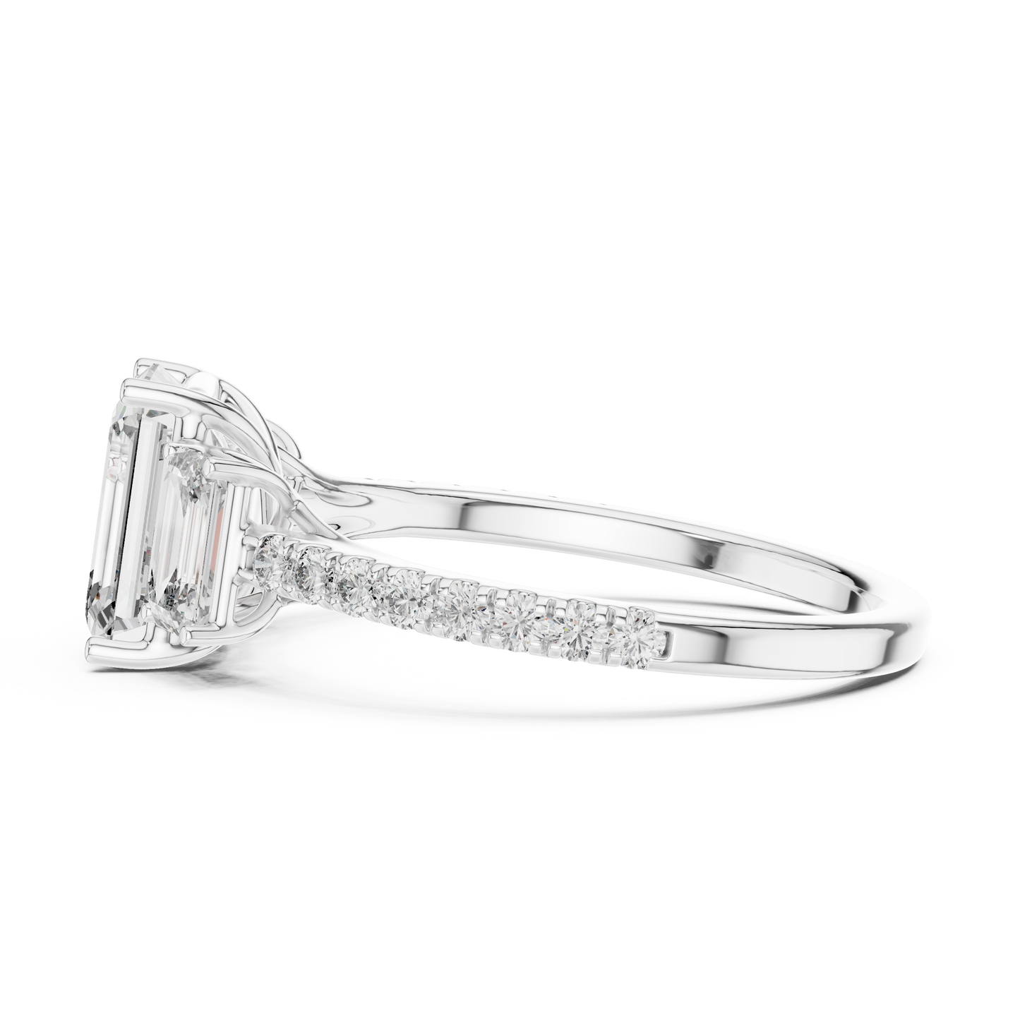 Three Stone Emerald Cut Lab Grown Diamond Rose Gold Ring