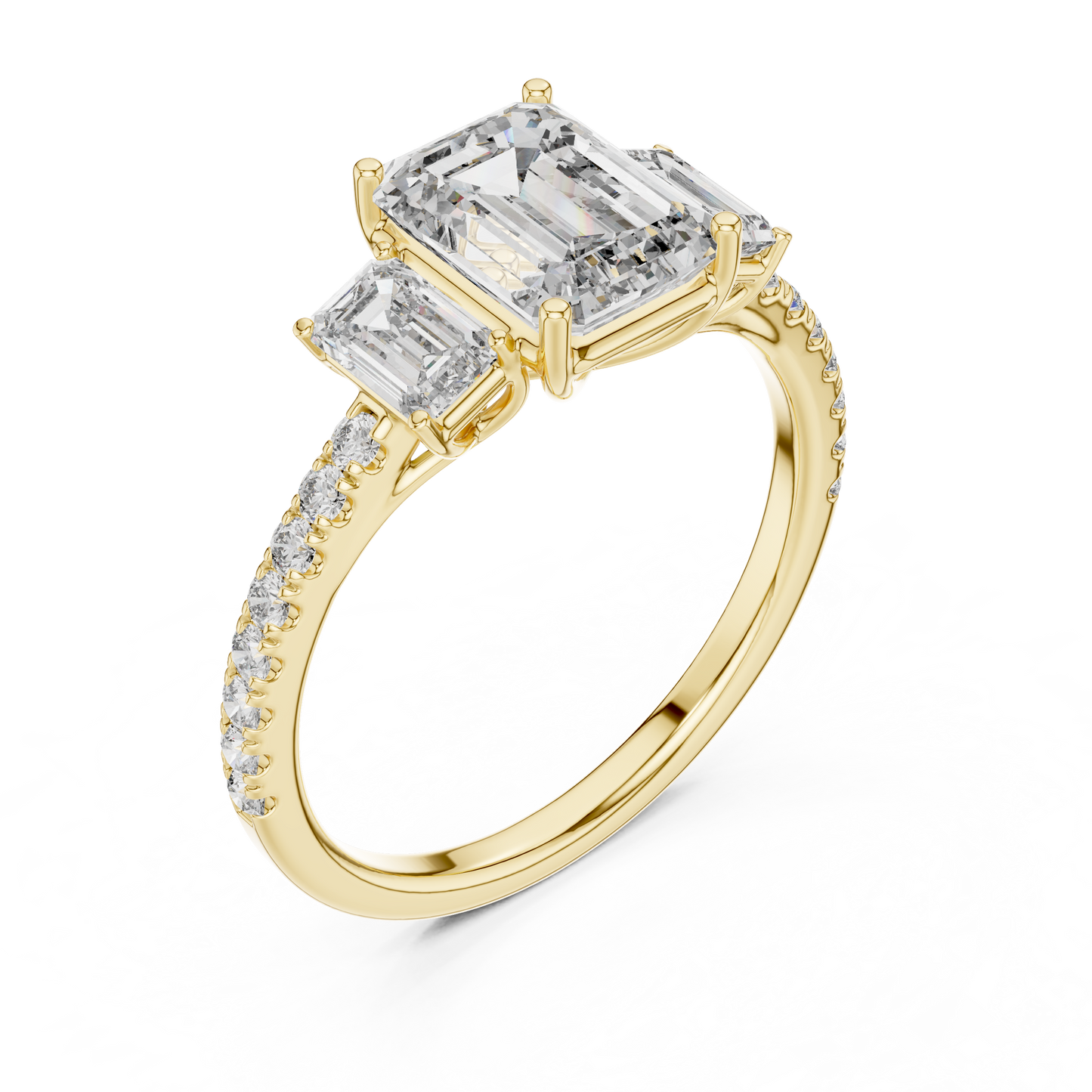 Three Stone Emerald Cut Lab Grown Diamond Rose Gold Ring