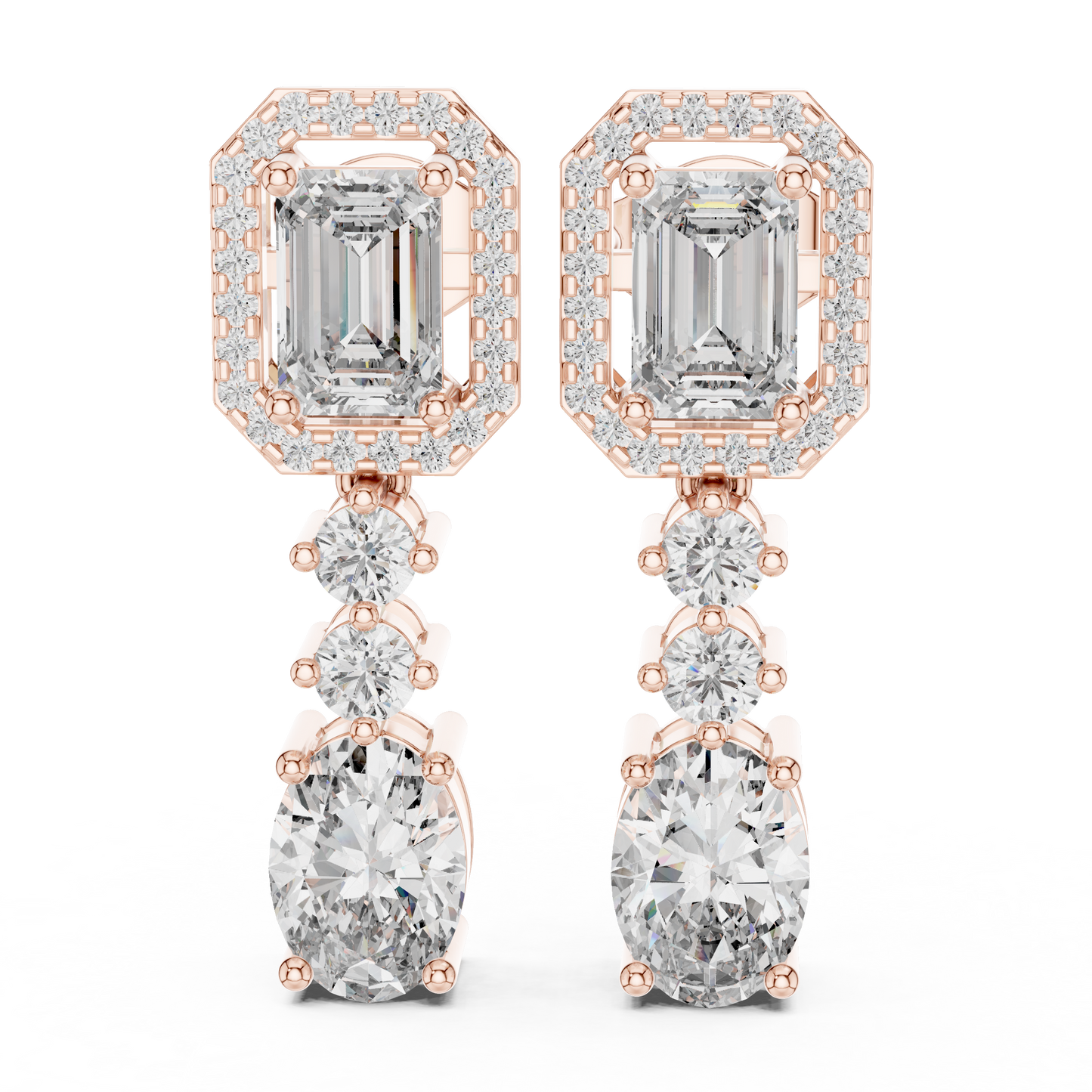 Lab Grown Diamond Emerald and Oval Halo Drop Earrings