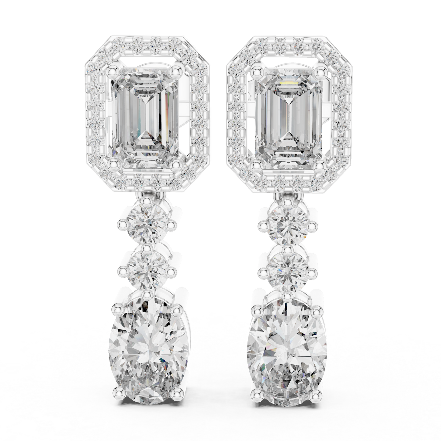Lab Grown Diamond Emerald and Oval Halo Drop Earrings