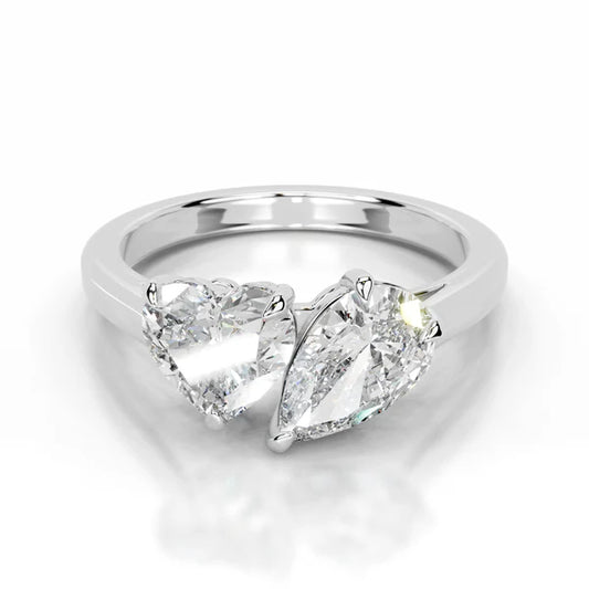 Heart and Pear Cut Moissanite Silver Two Stone  Engagement Ring