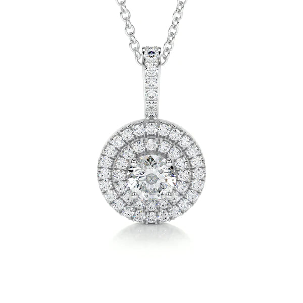 Round Cut Moissanite Silver Double Halo Set Pendant