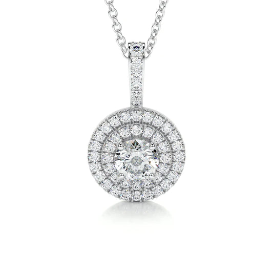Round Cut Moissanite Silver Double Halo Set Pendant