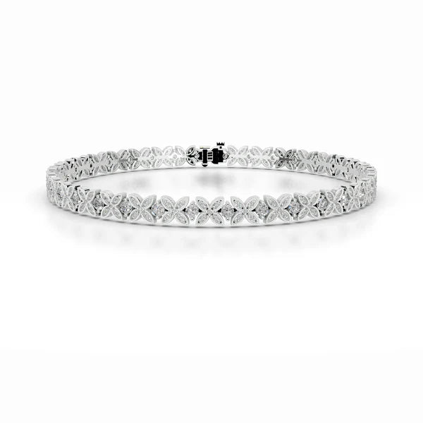 Round Cut Moissanite Clover Shape Silver Tennis Bracelet