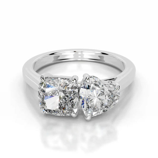 Heart and Cushion Cut Moissanite Two Stone Set Silver Ring