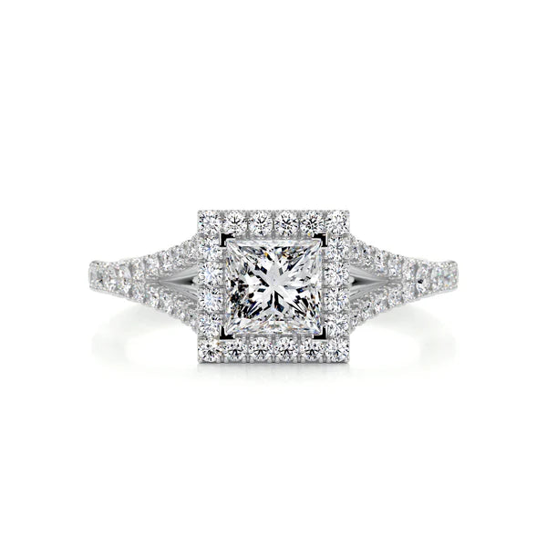 Princess Cut Moissanite Silver Halo Split Shank Engagement Ring