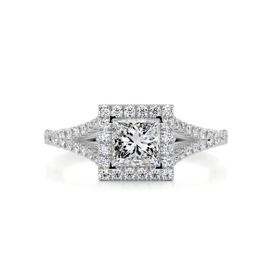 Princess Cut Moissanite Silver Halo Split Shank Engagement Ring