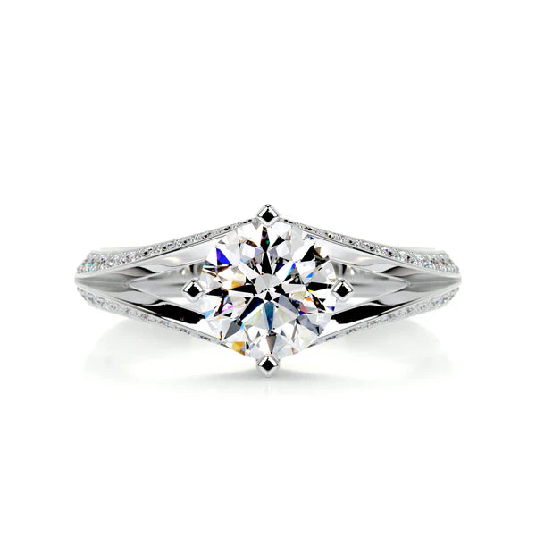 Round Cut Moissanite Silver Split Shank Engagement Ring