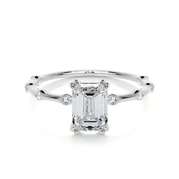 Emerald Cut Moissanite Mil Grain Shank Silver Engagement Ring