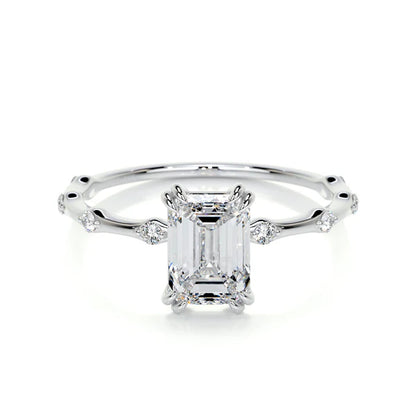 Emerald Cut Moissanite Mil Grain Shank Silver Engagement Ring