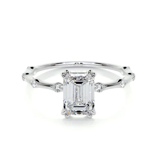 Emerald Cut Moissanite Mil Grain Shank Silver Engagement Ring