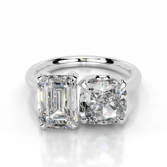Emerald and Cushion Cut Moissanite Silver Two Stone ring Engagement Ring