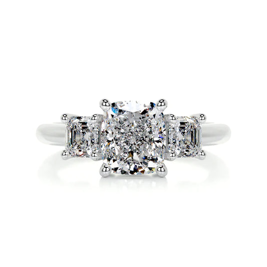 2.0 Ct Cushion Cut Moissanite Three Stone Shank Silver Engagement Ring