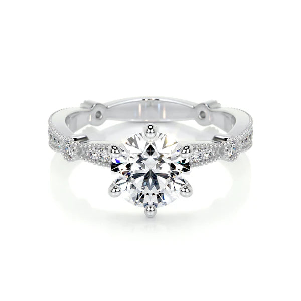 Round Cut Moissanite Mil Grain Shank Silver Engagement Ring