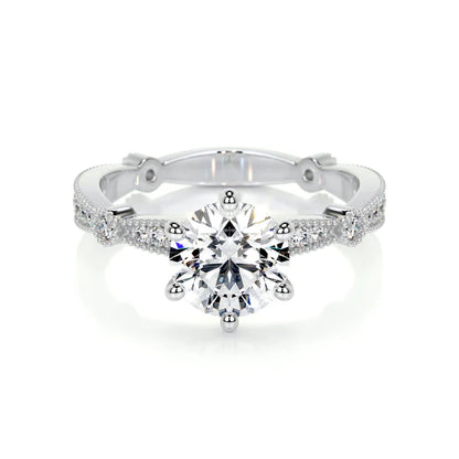 Round Cut Moissanite Mil Grain Shank Silver Engagement Ring