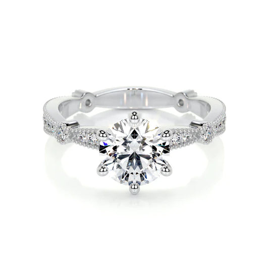 Round Cut Moissanite Mil Grain Shank Silver Engagement Ring