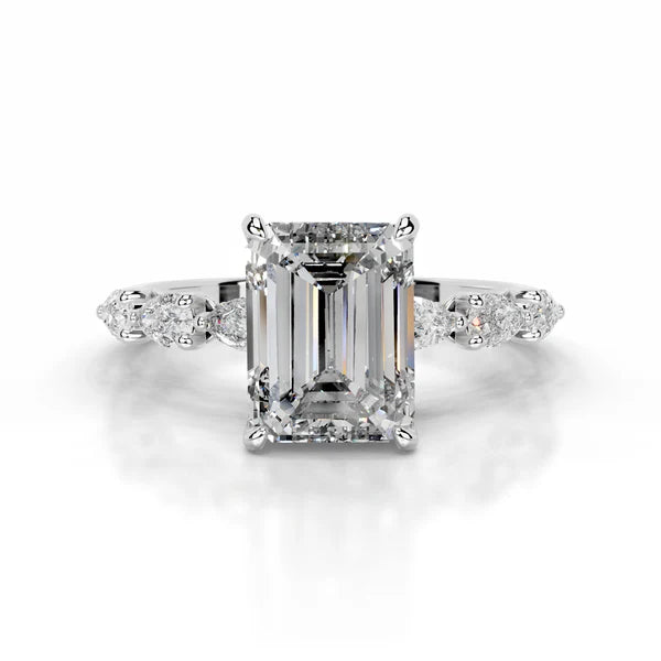 Emerald Cut Moissanite Mil Grain Shank Silver Engagement Ring