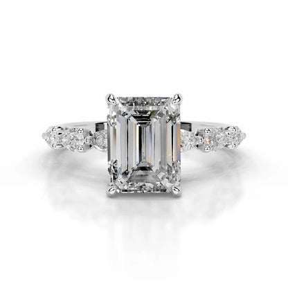 Emerald Cut Moissanite Mil Grain Shank Silver Engagement Ring