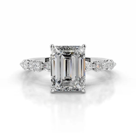 Emerald Cut Moissanite Mil Grain Shank Silver Engagement Ring