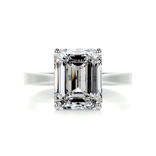 Emerald Cut Moissanite Solitaire Four Prong Set Silver Ring