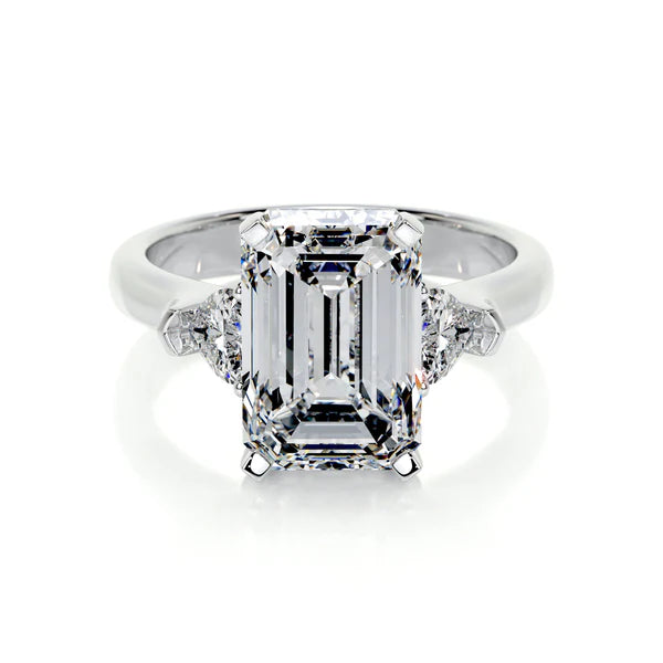Emerald Cut Moissanite Diamond Three Stone Set Silver Engagement Ring