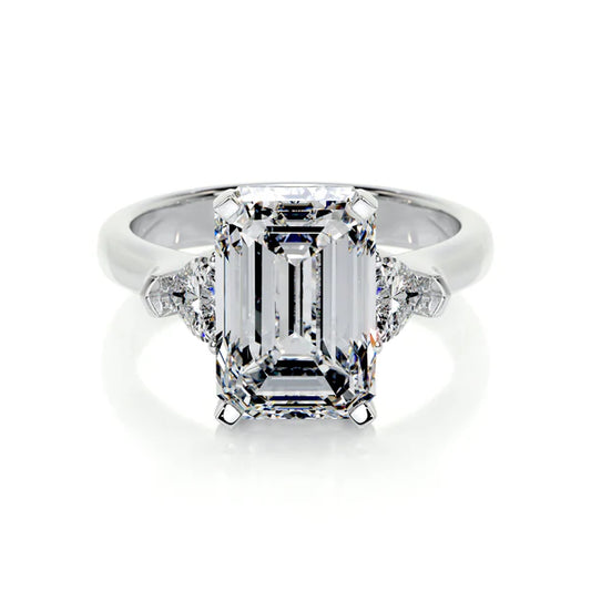 Emerald Cut Moissanite Diamond Three Stone Set Silver Engagement Ring