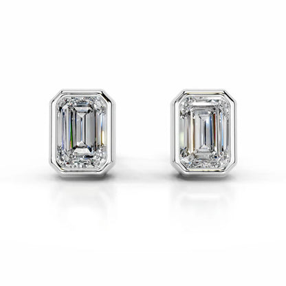 Emerald Cut Moissanite Silver Bezel Set Earring