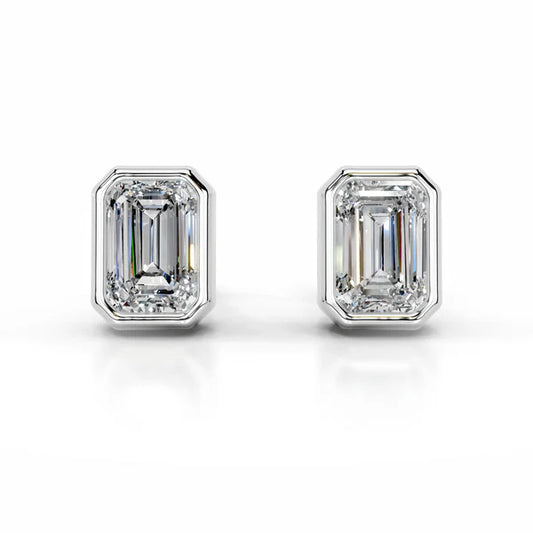 Emerald Cut Moissanite Silver Bezel Set Earring