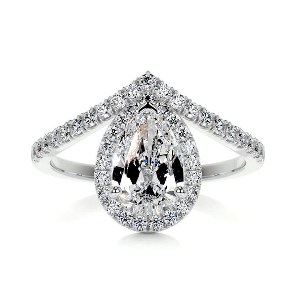 Pear Cut Moissanite Silver Curved Shank an Halo Setting Ring