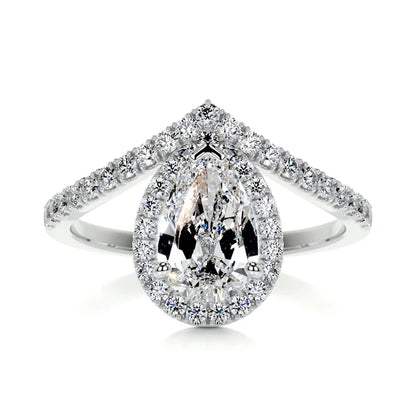Pear Cut Moissanite Silver Curved Shank an Halo Setting Ring