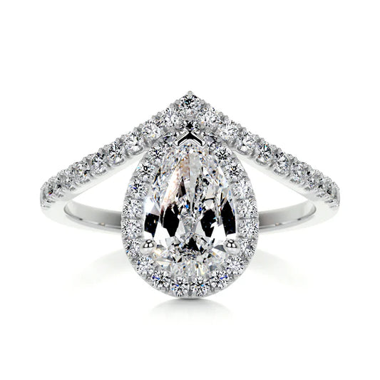 Pear Cut Moissanite Silver Curved Shank an Halo Setting Ring
