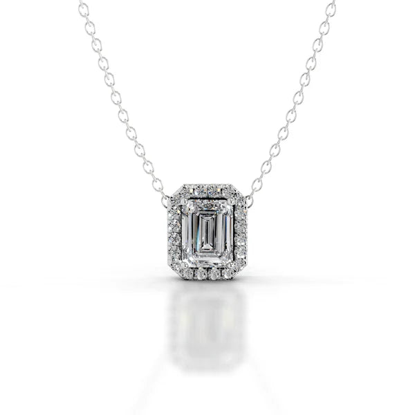 3.2 Ct Emerald Cut Moissanite Silver Halo Set Pendant