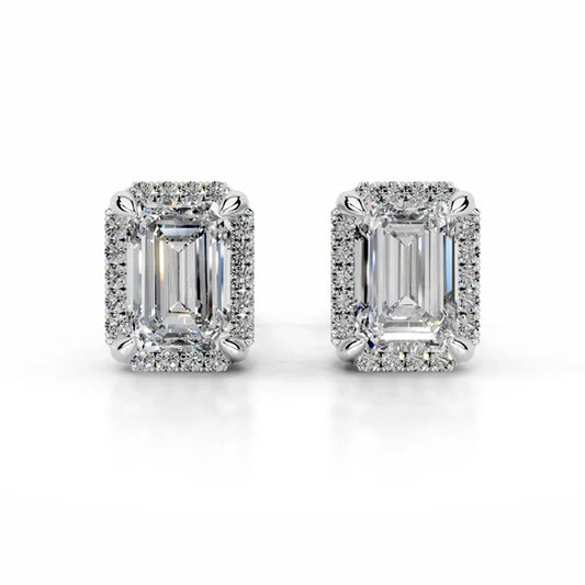 Emerald Cut Moissanite Silver Halo Earring
