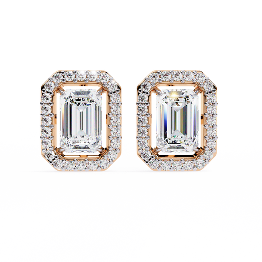 1.10 Ct Emerald Cut Lab Grown Diamond Halo Gold Earring