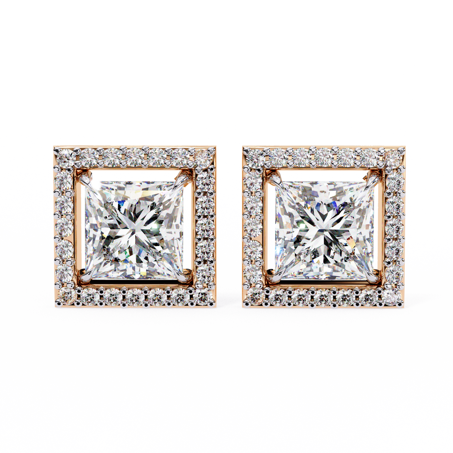 1.04 Ct Princess Cut Lab Grown Diamond Halo Gold Earring