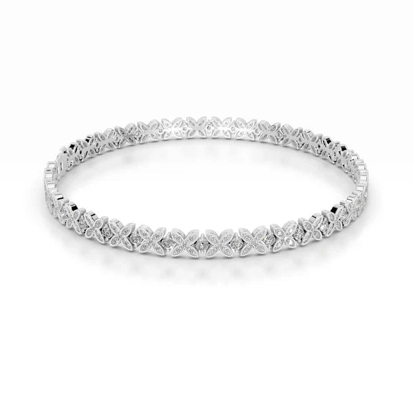 Round Cut Moissanite Clover Shape Silver Tennis Bracelet